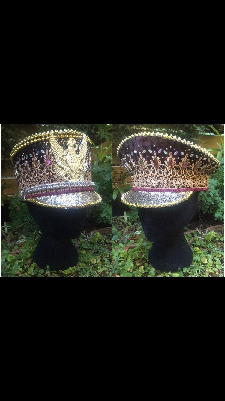 Velvet Rhinestone Captain Hat • Festival Military Hat