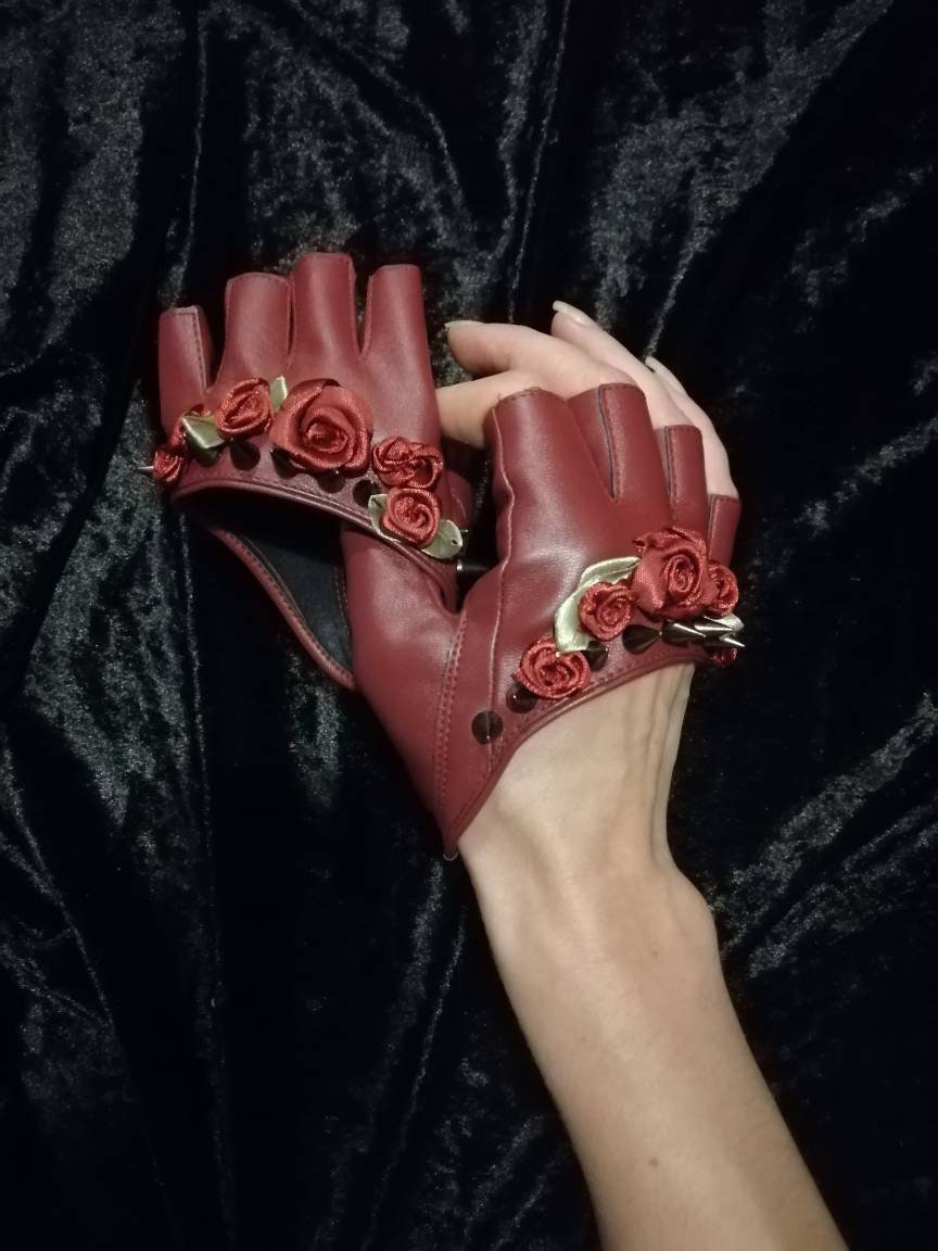 Studded Rose • Red Faux Leather Cropped Gloves • Festival Costume Mini Gloves