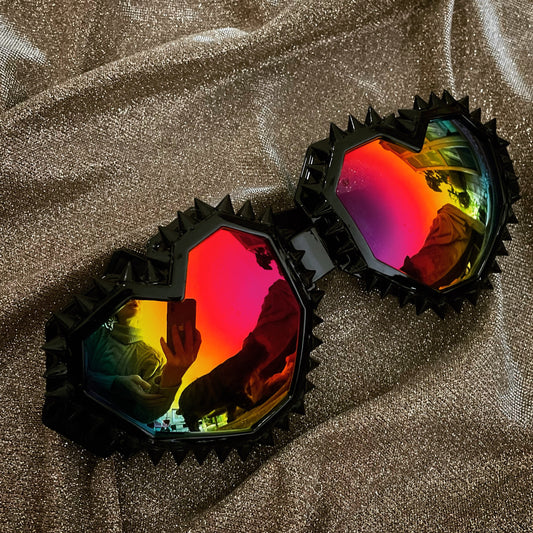 Burning Heart Goggles • Studded Heart-Shaped Mirrored Festival Goggles